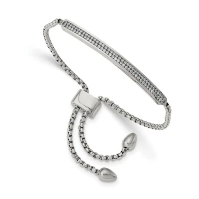 Stainless Steel Polished with 2 Row CZ Bar Friendship/Bolo Adj Bracelet - Image 1 of 3