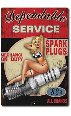 Tin Sign Dependable Spark Plug Rustic Gas Station  Mechanic Garage  Bar Man Cave - Image 1 of 4