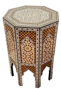 Handmade Wooden End Table Carving Wood Table Home Decor Mother of Pearl Inlay - Picture 1 of 13