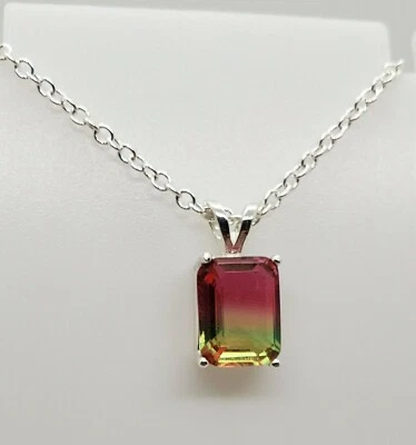 5 CT Emerald Cut Lab-Created Watermelon Tourmaline Solitaire Necklace 925 Silver - Image 1 of 4
