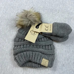 Conjunto de gorro y guantes de punto pompón acanalado liso bebé bebé bebé 0-6 meses gris - Imagen 1 de 10