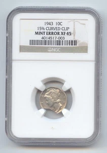 1943 Mercury Dime Error, 15% Curved Clip, NGC XF-45 - Picture 1 of 2