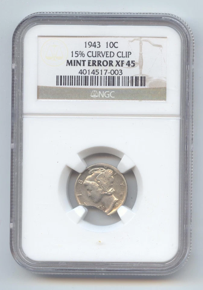 1943 Mercury Dime Error, 15% Curved Clip, NGC XF-45 - Image 1 of 2