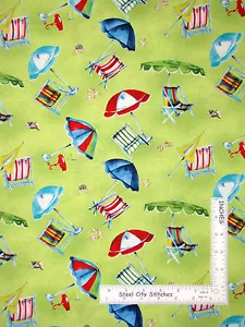 Beach Chair Umbrella Toss Green Cotton Fabric Wilmington Seaside Retired By Yard - Picture 1 of 1