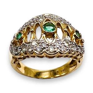 14k Yellow Gold Emerald Diamond Dome Band Ring - Picture 1 of 11