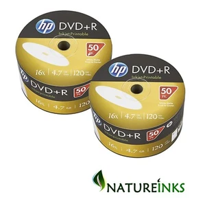 100 Genuine HP White Inkjet Printable DVD+R 16x 4.7GB 120 mins Blank Discs - Picture 1 of 3