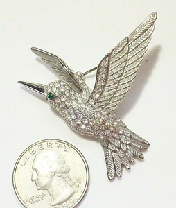 Sparkly Rhinestone Hummingbird Pin w/Green RS Eye, Textured Silvertone 2" Long - Picture 1 of 3