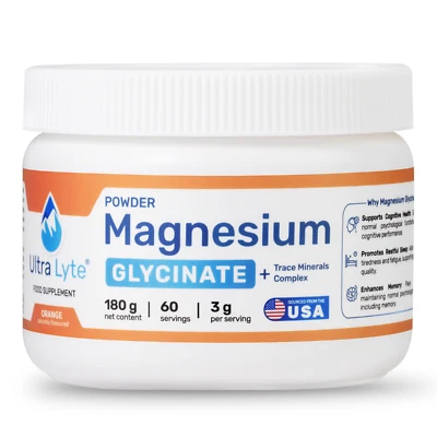 Ultra Lyte Magnesium Glycinate 180g Powder Orange Flavor + Trace Minerals