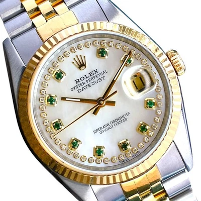 Rolex Datejust 36mm White MOP Custom Emerald Diamond Dial Fluted Jubilee Watch - Image 1 of 4