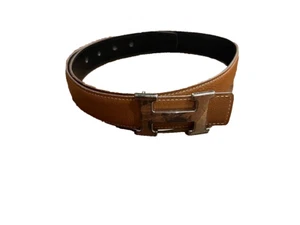 Hermes H Belt Buckle Authentic Reversible Silver Camel Black Leather - Picture 1 of 4