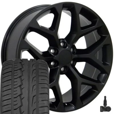 22" Satin Black Snowflake Wheels 285/45R22 Tires TPMS Set Fits Sierra Yukon - Image 1 of 4