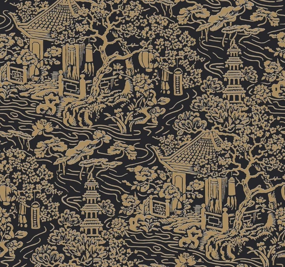 Wallpaper Chinoiserie Metallic Gold Ink on Black Background, 60 sq ft Bolt - Image 1 of 1