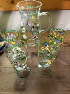 Pitcher & Set Of 4 Godinger Co Hand Painted Iced Tea Water Goblets Butterfly’s - Picture 1 of 10
