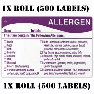 500 x FOOD ALLERGEN ALLERGY WARNING ALERT SAFETY STICKER/LABEL 500 PER ROLL FSA - Picture 1 of 3