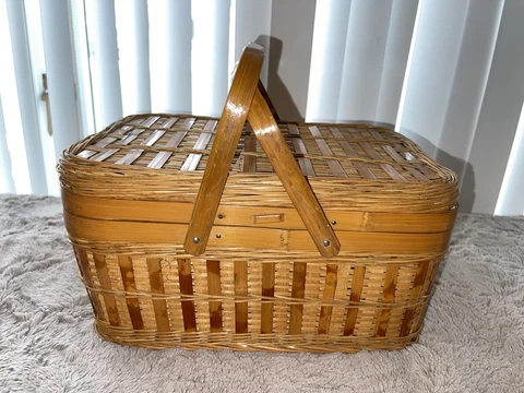 Vintage Boho Picnic Sewing Basket Bamboo Rattan Wicker 12x8x6 Double Handle VGUC Cover