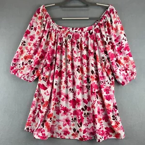 Susan Graver Top Womens 1X Floral Liquid Knit Off The Shoulder Fairy Cottagecore - Picture 1 of 9