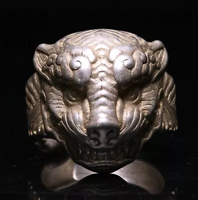 3.5CM Old Dynasty Bronze Silver Tiger Beast Animal Face Jewelry Ring Rings - Image 1 of 4