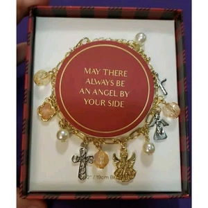 Gold Tone Charm Bracelet With Angels Crosses Faux Pearls & Pale Peach Beads, New - Picture 1 of 12