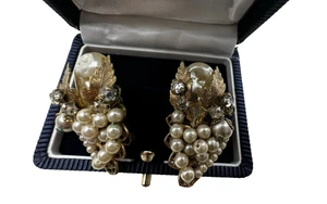MIRIAM HASKELL OLD PRE-WWII EARRINGS FX GLASS BAROQUE PEARLS GRAPES GOLD LEAVES! - Picture 1 of 15