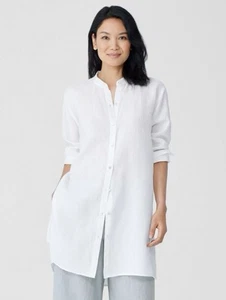 Eileen Fisher Women White Linen Mandarin Collar Shirt Button Up Side Slits Large - Picture 1 of 16