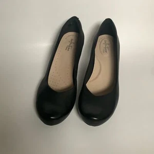 Clarks Womens Flores Tulip Black Leather Slip On Casual Wedge Heels Size 10 W - Picture 1 of 11