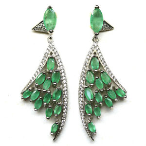 Unheated Green Emerald & Cubic Zirconia Drop Earrings 925 Sterling Silver 