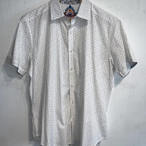 Robert Graham Shirt Men's Medium White Blue Red Geometric Short Sleeve Button - Picture 1 of 10