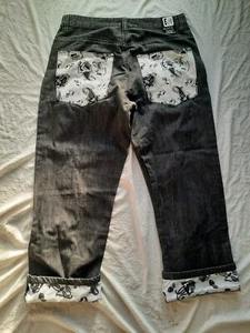 Pantalones de mezclilla holgados Karl Kani Hip Hop de los 90 de colección 38x34 negros bordados retazos - Imagen 1 de 11