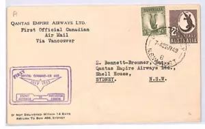 AUSTRALIA Air Mail 1949 Cover QANTAS FIRST FLIGHT CANADA Vancouver Sydney YM231 - Picture 1 of 10