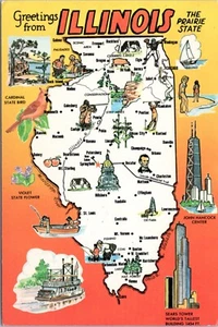 Postkarte Karte Illinois The Prairie State - Städte und Sehenswürdigkeiten - Bild 1 von 2