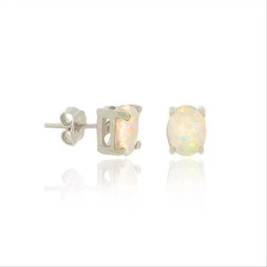 Sterling Silver Created White Opal 6x4mm Oval Stud Earrings - Picture 1 of 1