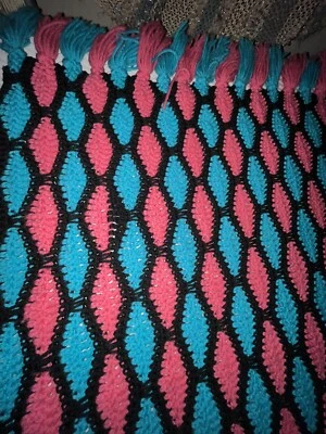48x80 Teal Pink Black Diamond Appeal Pattern Crochet Afghan with Fringe - Image 1 of 4