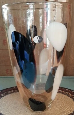 法国 SOUFFLE A LA BOUCHE MOUTH BLOWN 大号 透明 白色和棕色 抽象花瓶 — 第 1/4 张图片