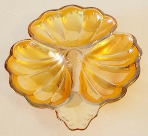 Vintage Iridescent Amber Divided Clover Nut Plate Carnival Glass  - Picture 1 of 4