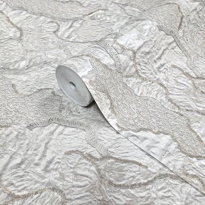 Embossed light gray tan brass gold heavy textured faux stitched fabric wallpaper - Image 1 of 4