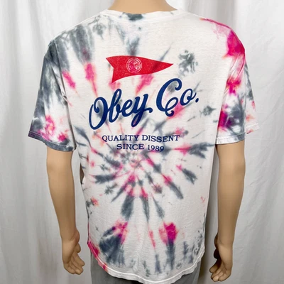 OBEY Clothing Men's Large White Pink Gray Tie Dye Script Logo Graphic T-Shirt - Image 1 of 4