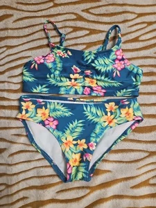 Girls Art Class 2 Piece Bikini Swim Set Teal Floral Tropical Hawaiian Size 8 M - Picture 1 of 4