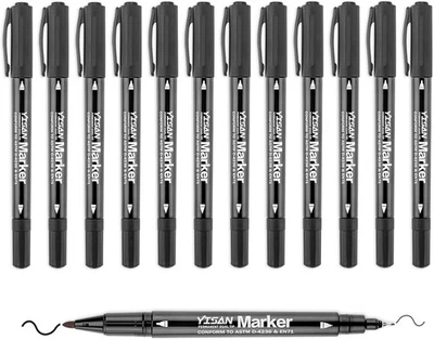 YISAN Permanent Marker Dünn,Permanentstift Schwarz mit feiner Doppelspitze,12