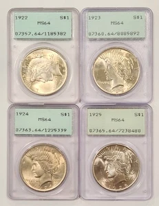 Lot Of (4) Silver Peace Dollars PCGS MS64 Rattler Holders 1922 1923 1924 1925 - Picture 1 of 2