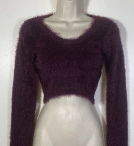 Olivaceous Cropped Sweater Womens Medium Plum Purple Long Sleeve Fuzzy Knit NWT - Picture 1 of 16
