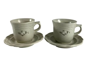 Pfaltzgraff Heirloom Pattern Coffee Tea Cups Saucers Set of 2 Grey White Flower - Picture 1 of 7