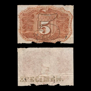 1863-7 2nd Issue 5c Five Cent Fractional Currency, Reverse Specimen, XF+ - Picture 1 of 3