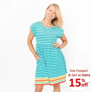 Frugi Womens Dress Maternity Jersey Stripe Turquoise Knee Length Cotton Confy