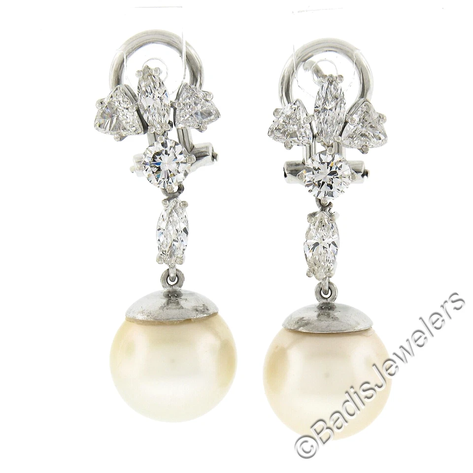 White Gold GIA Large Saltwater Cultured Pearl & Diamond Dangle Drop Earrings - Image 1 of 4