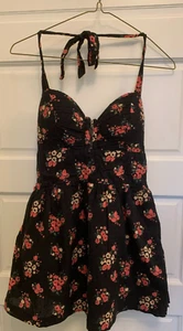 Guess Womens Halter Dress, Black Floral w/ Padded Bra, Zip-up Sleeveless/Strap - Picture 1 of 6