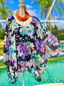 INC Black,Pink,Aqua DRAMATIC Floral Dolman Slv xlite SPUMME Tunic 1X WORN TWICE - Picture 1 of 24