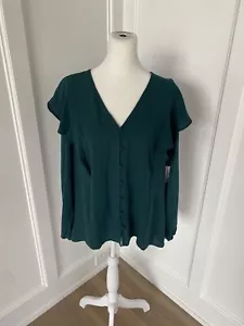 Nine West Womens Green Ruffle V Neck Long Sleeve Button Up Blouse NWT Size Large - Picture 1 of 15