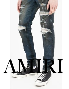 AMIRI sz 33 Men's Dirty Indigo Cashmere Patch MX1 Distressed Skinny Jeans - Picture 1 of 5