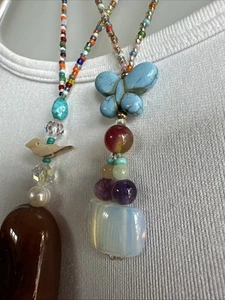 Vintage Faux Perle geschnitzt Muschel Vogel Fetisch Stil Halskette - Bild 1 von 6