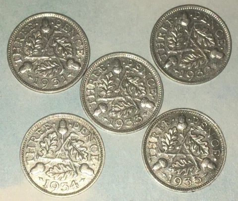 1931 + 1932 + 1933 + 1934 + 1935 GREAT BRITAIN 3 Pence SILVER (5) Circ. Coins UK Cover